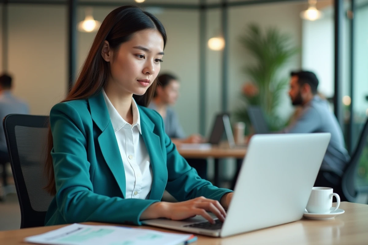 Administratrice médicale gérant une plateforme de gestion de santé en ligne dans un espace de travail collaboratif moderne