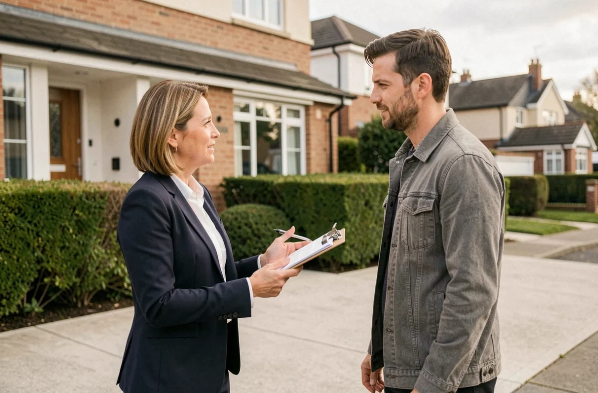 Agent immobilière présentant une maison moderne à un client lors d'une visite immobilière en banlieue résidentielle