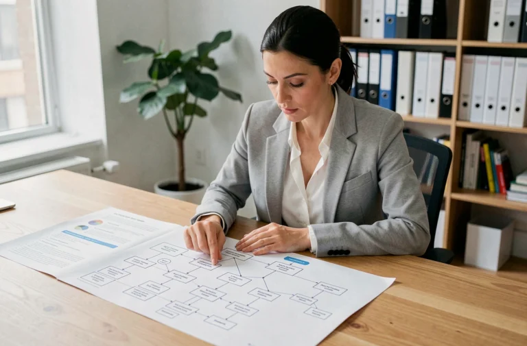 Une professionnelle en blazer gris analyse un sitemap imprimé sur papier A3 posé sur un bureau en bois dans un bureau moderne