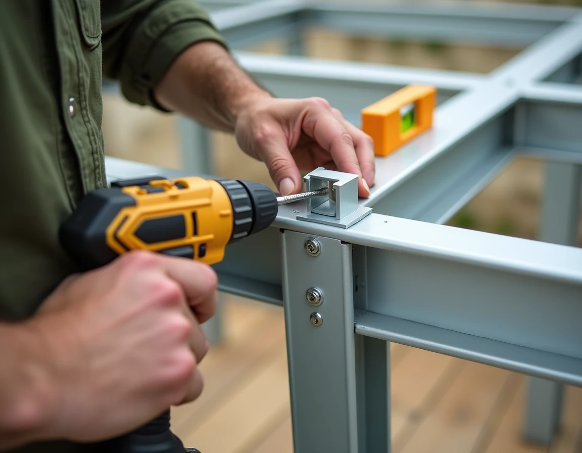 Gros plan sur l'assemblage d'un angle de structure de véranda en kit avec une visseuse sans fil