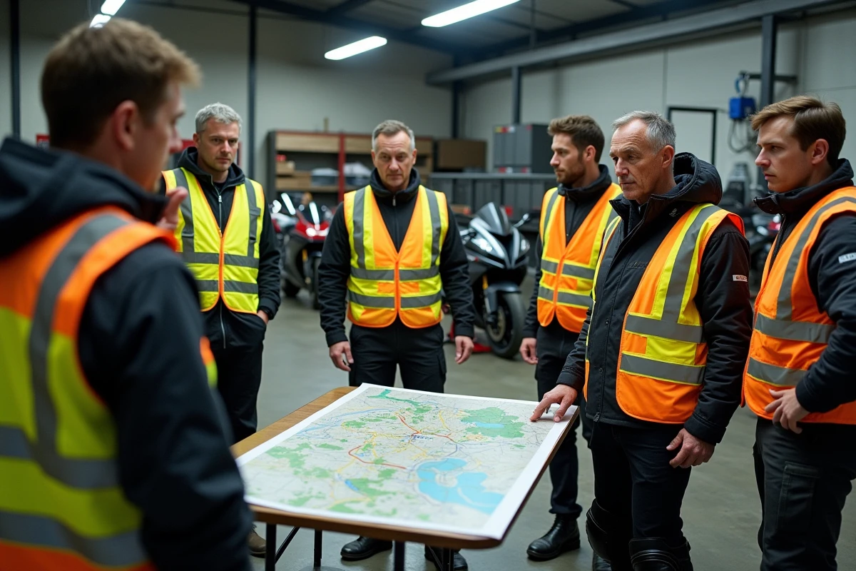 Groupe de motards adultes écoutant un instructeur professionnel présenter le tracé du circuit lors d'un stage de pilotage en garage