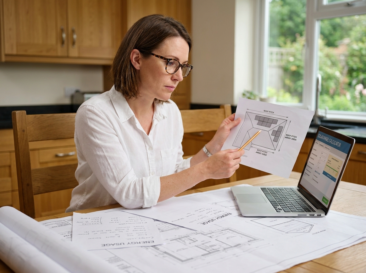 Femme calculant le nombre de panneaux solaires nécessaires à l'aide de plans de maison et d'un logiciel