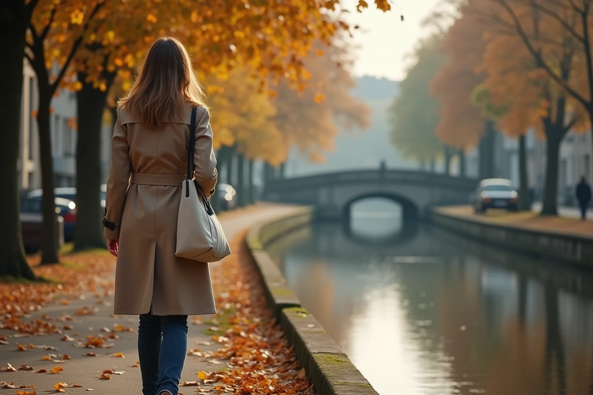 Jeune femme marchant le long d'un canal à Rennes en automne avec des feuilles dorées et une atmosphère urbaine apaisante