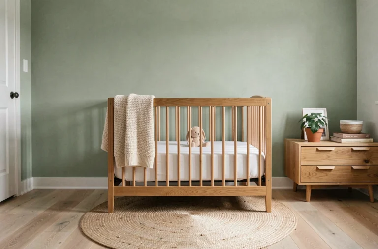 Chambre de bébé aménagée avec un lit à barreaux en bois, une couverture tricotée et une décoration douce en vert sauge pour une transition sereine