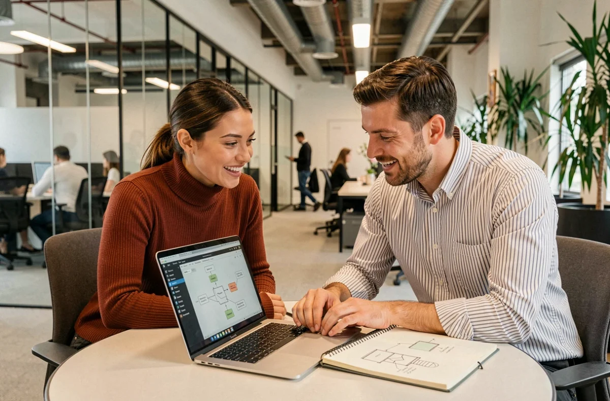 Deux collègues collaborent autour d'un ordinateur portable et d'un cahier de croquis de sitemap dans un espace de coworking moderne