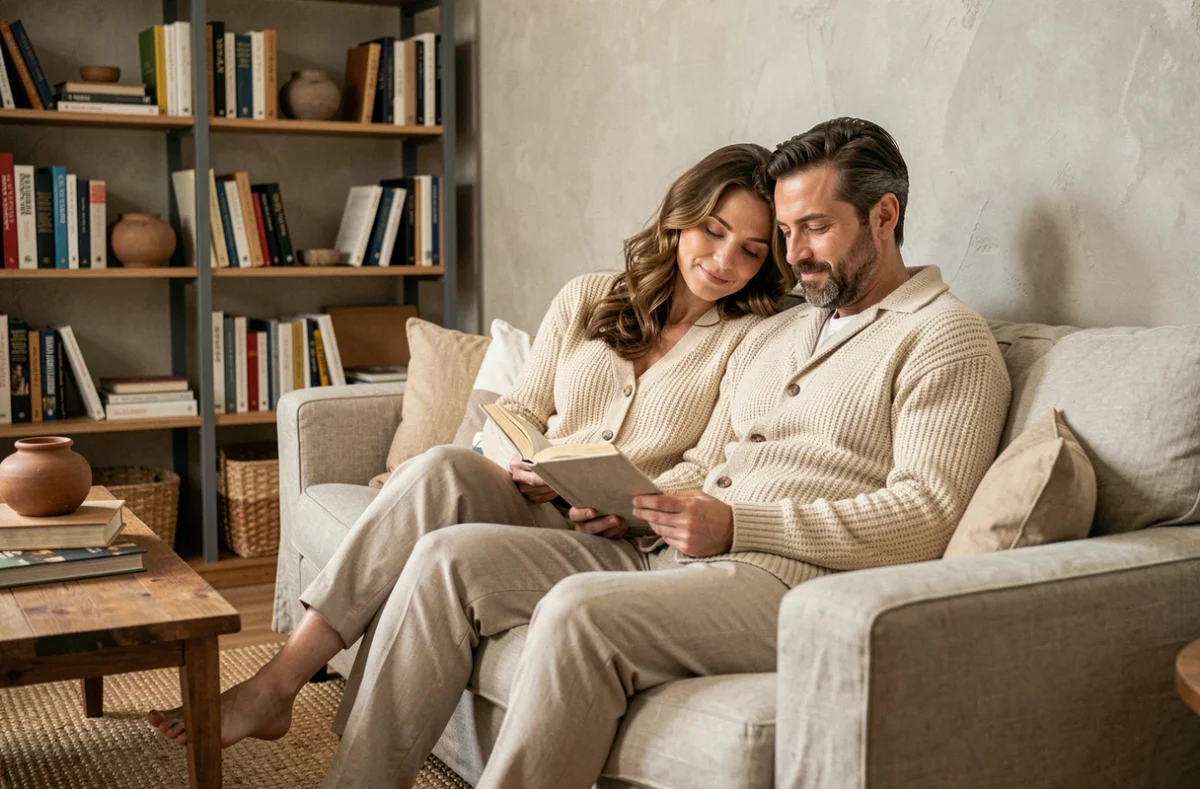 Couple intime partageant la lecture sur un canapé en lin dans un salon cosy aux étagères remplies de livres