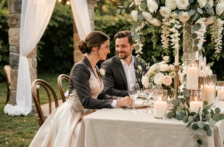 Couple de mariés partageant un moment intime à une table de réception de mariage élégante décorée de fleurs blanches et de bougies dans un jardin