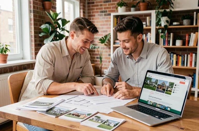 Couple étudiant des plans immobiliers sur une table en bois avec brochures et ordinateur portable lors de la planification de leur projet immobilier