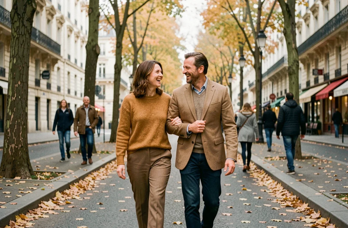 Couple se promenant bras dessus bras dessous dans une rue parisienne en automne, riant ensemble parmi les feuilles dorées