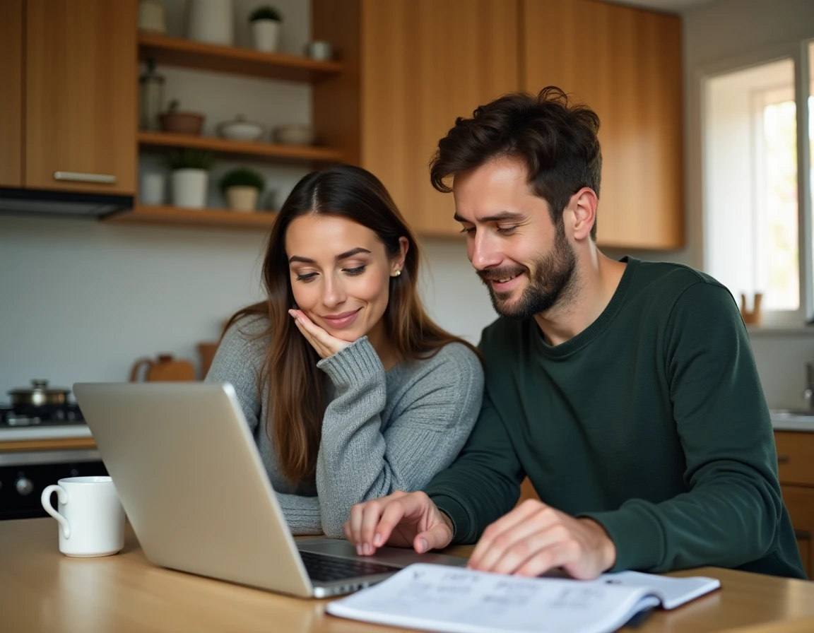 Couple calculant le remboursement de leur prêt immobilier sur un simulateur en ligne à la maison