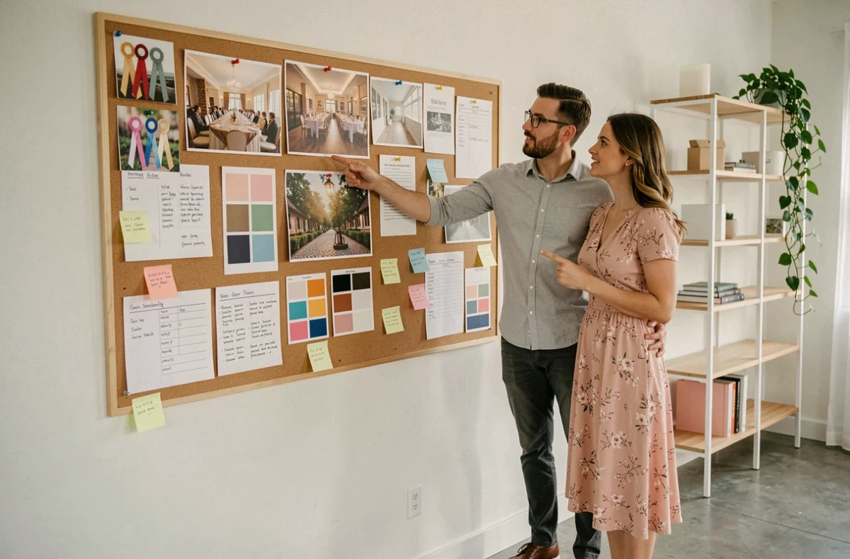 Couple discutant devant un tableau de planification de mariage avec mood board et échantillons de décoration