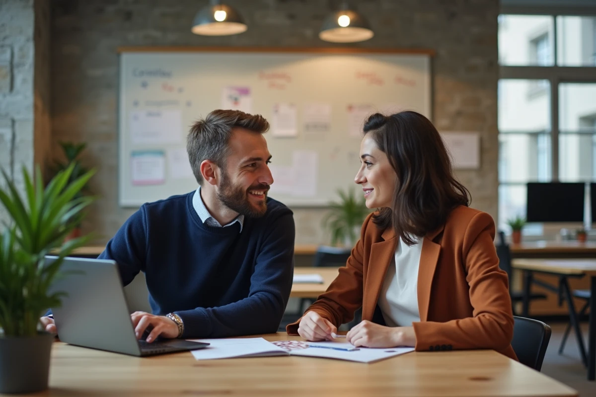 Jeunes professionnels en réunion dans un espace de coworking moderne au cœur de Rennes, reflet de la dynamique économique locale