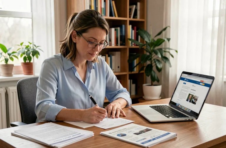 Femme remplissant des documents administratifs pour sa voiture à son bureau à domicile
