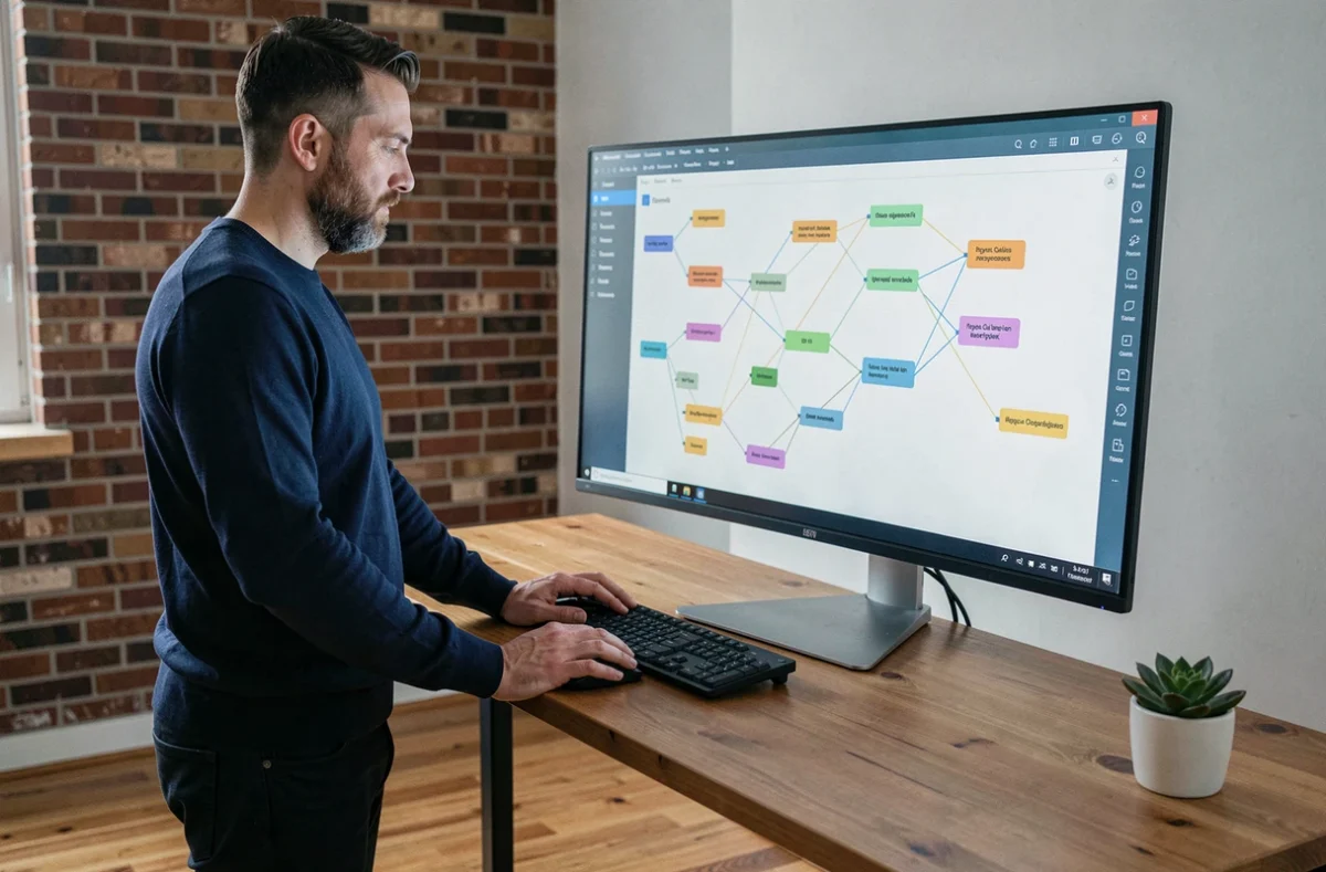 Un développeur web barbu debout devant un écran d'ordinateur affichant une structure de sitemap hiérarchique colorée dans un bureau minimaliste