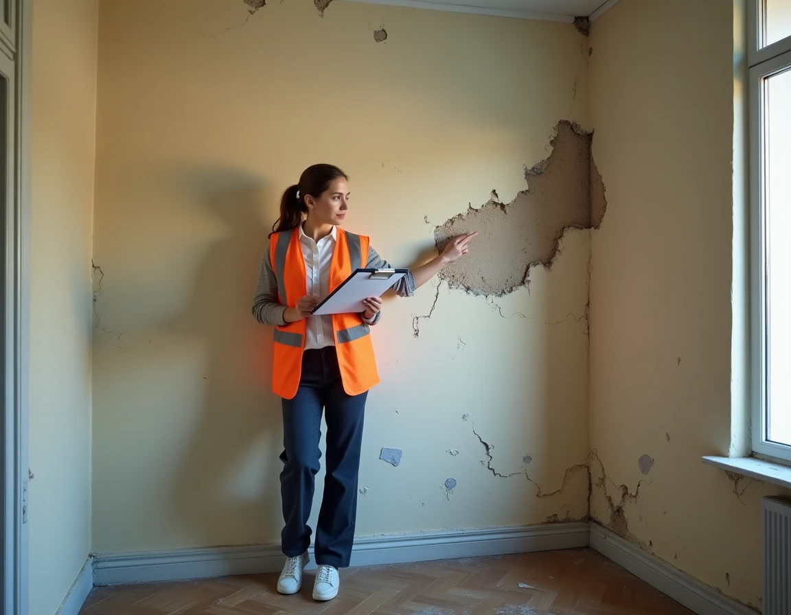 Inspectrice en sécurité professionnelle examinant un mur en plâtre dégradé dans un appartement vide lors d'un diagnostic amiante