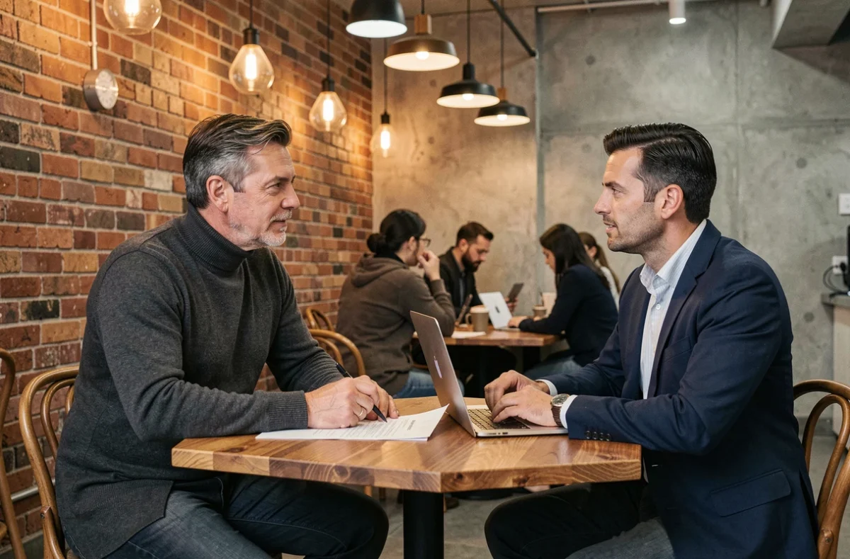 Deux dirigeants d'entreprise B2B en discussion stratégique dans un espace de coworking moderne et décontracté