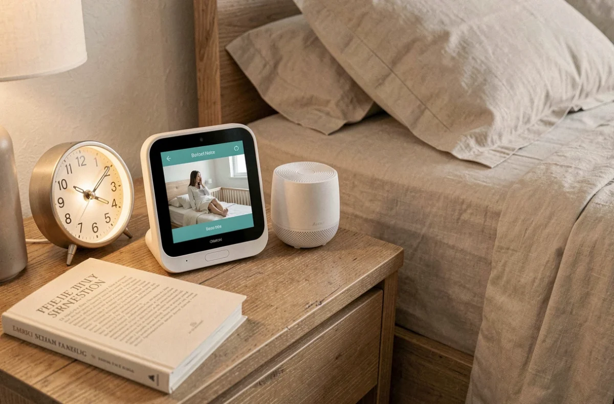 Écoute-bébé posé sur une table de nuit avec un livre parental et une machine à bruit blanc, essentiels pour surveiller bébé depuis sa propre chambre