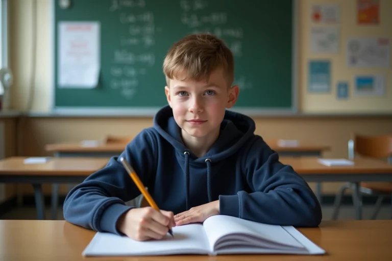 Élève de 5e concentré en train d'écrire dans son cahier en classe dans un collège français