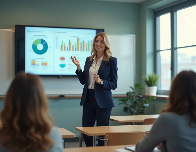 Enseignante professionnelle devant un tableau numérique dans une salle de classe moderne, illustrant les opportunités d'emploi dans l'éducation en 2024