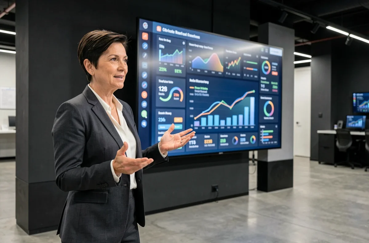 Femme d'affaires présentant des données analytiques B2B sur un écran numérique interactif dans un showroom technologique