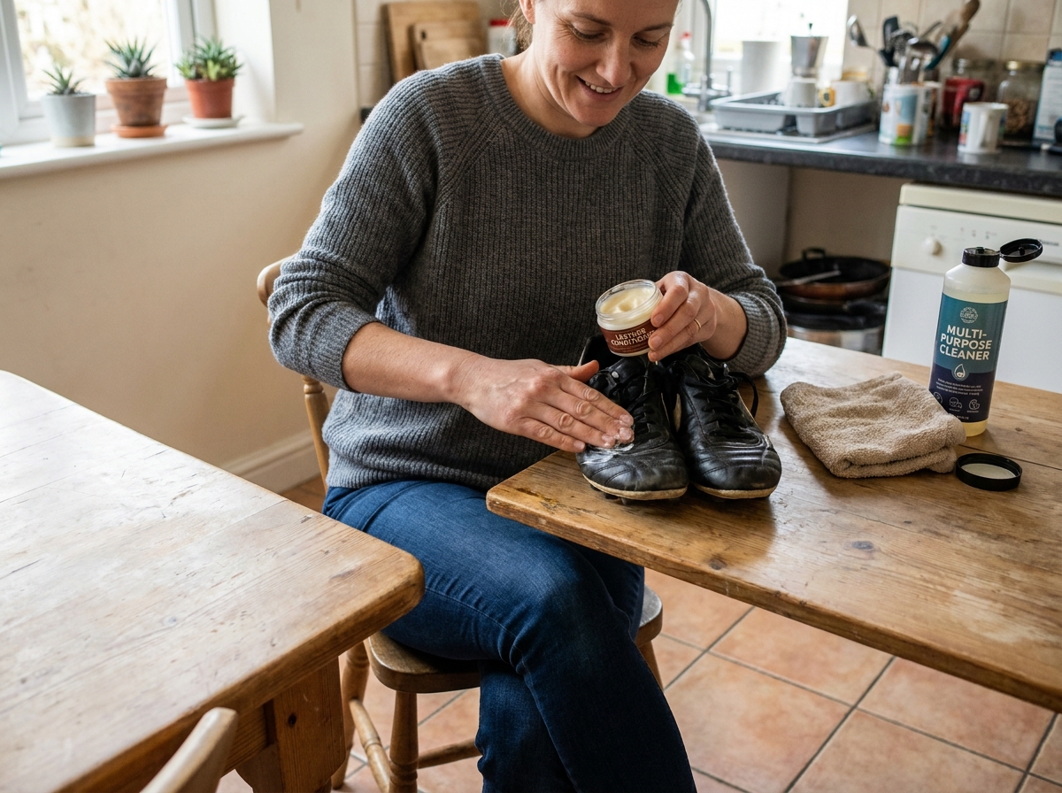 Femme appliquant du conditionneur sur ses chaussures de football à la maison