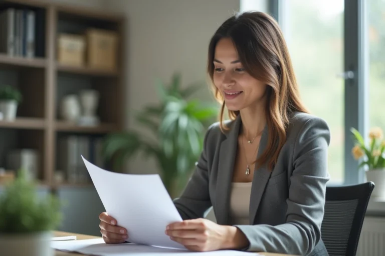 Femme en bureau professionnel examinant des documents