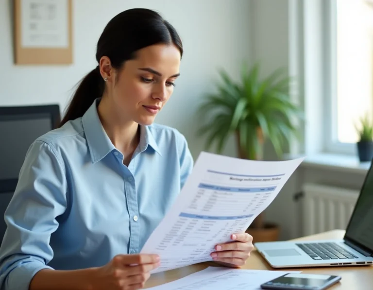 Femme analysant un tableau d'amortissement de prêt immobilier à son bureau à domicile