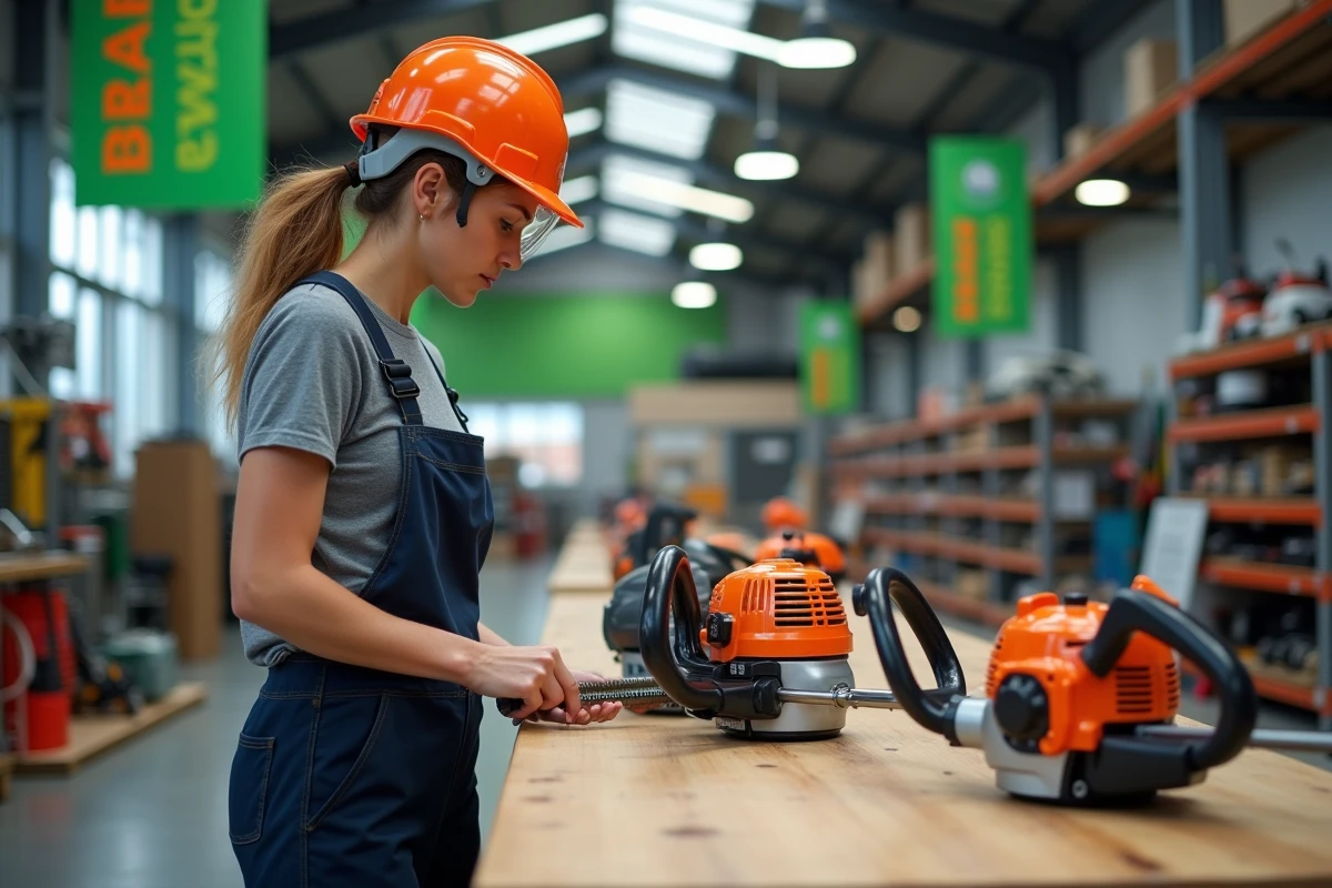 Femme comparant deux modèles de débroussailleuses dans un magasin de matériel de jardinage