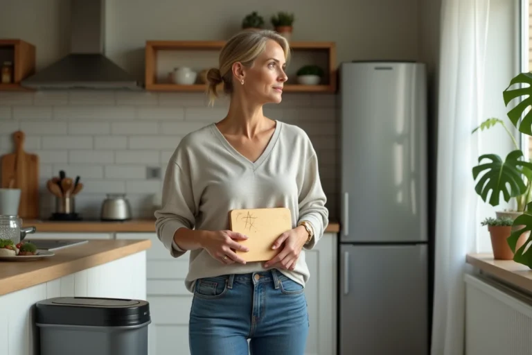 Femme dans la cuisine tenant un planche en plastique usée