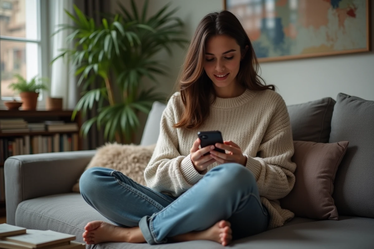 Femme lisant un message sur son téléphone à la maison
