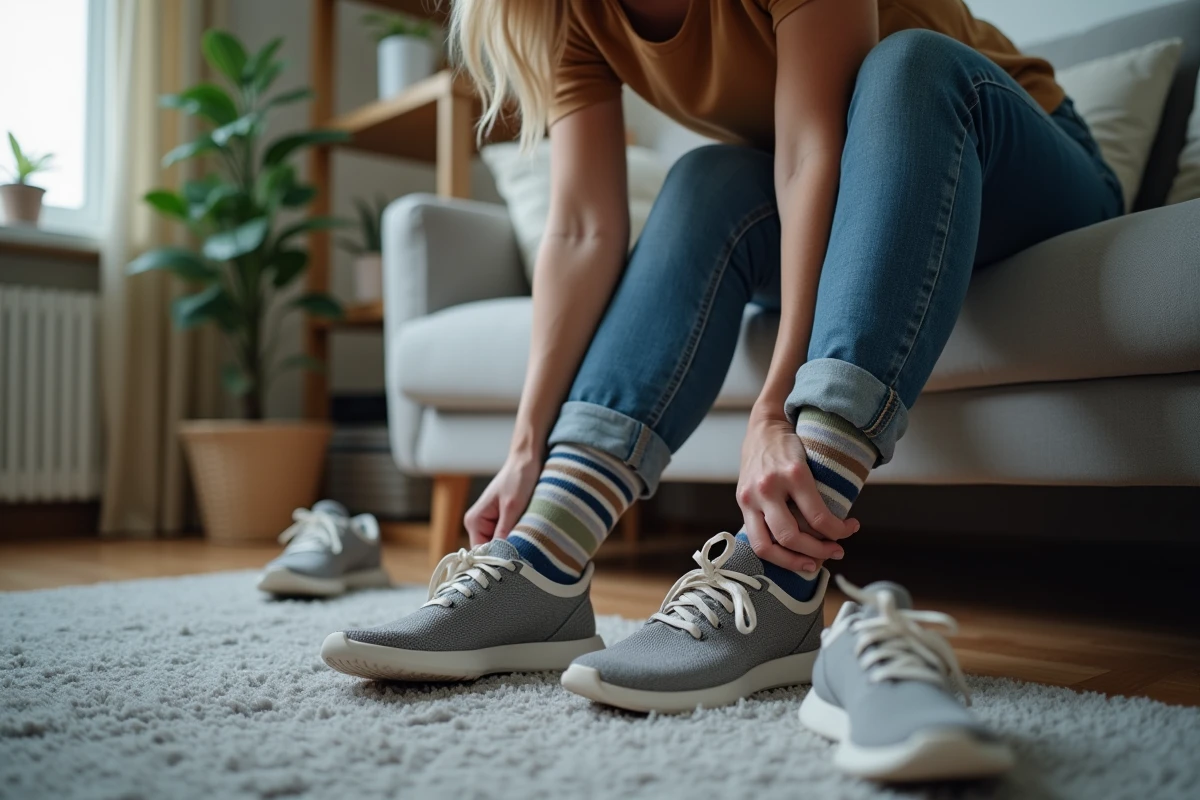 Femme se masse le pied sur un canapé dans un salon