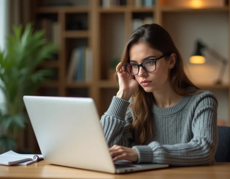 Femme consultant un site web sur son ordinateur portable avec une expression prudente, illustrant la vigilance numérique en 2026