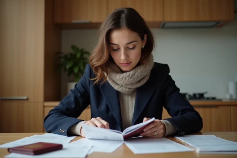 Femme vérifiant son passeport et billet dans une cuisine moderne