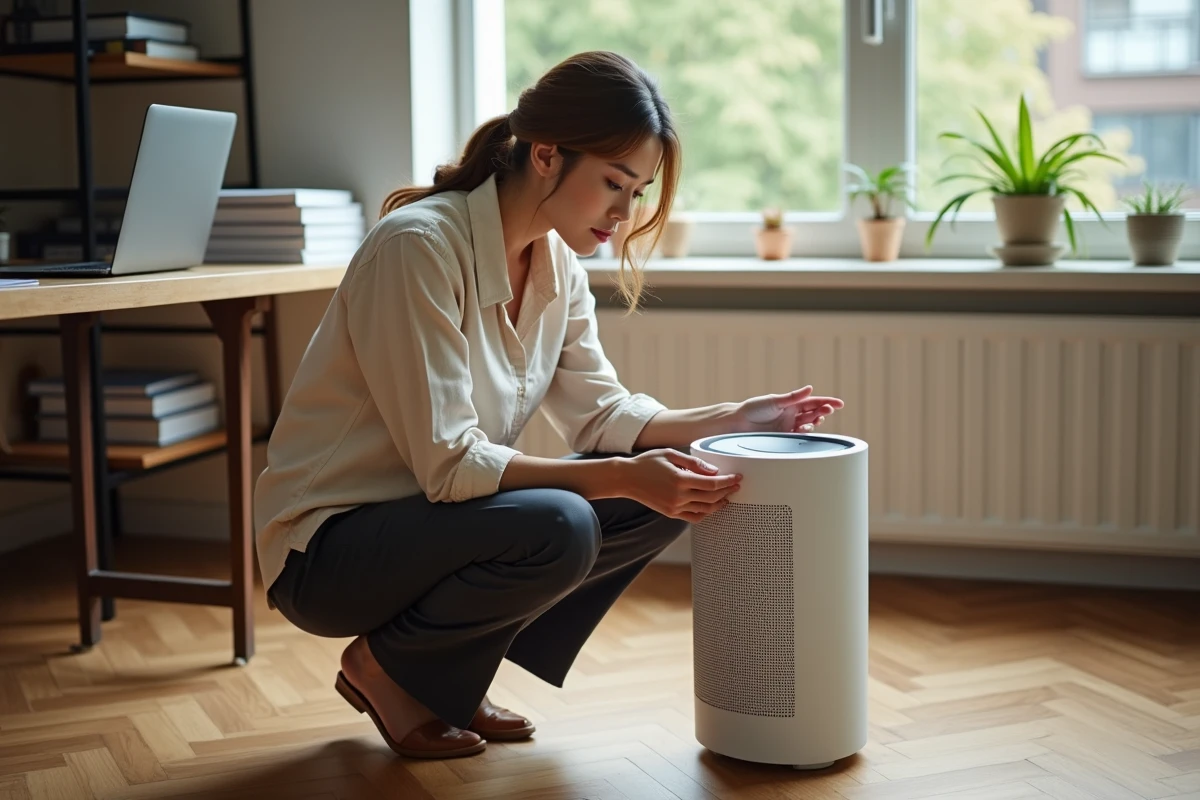 Femme consultant un purificateur d'air dans un bureau à domicile bien rangé, geste attentif et naturel