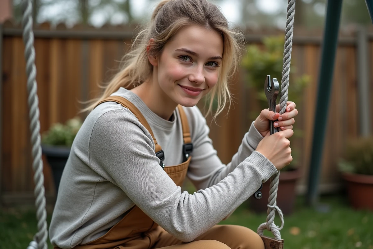 Jeune femme réparant une balançoire dans un jardin familial