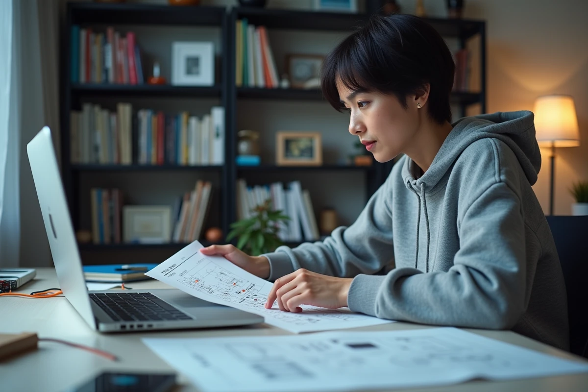 Femme étudiant un schéma électronique et des ressources techniques sur un bureau d'apprentissage de l'électronique amateur
