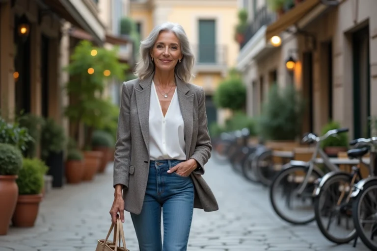 Femme senior élégante en jeans et blazer dans une rue urbaine