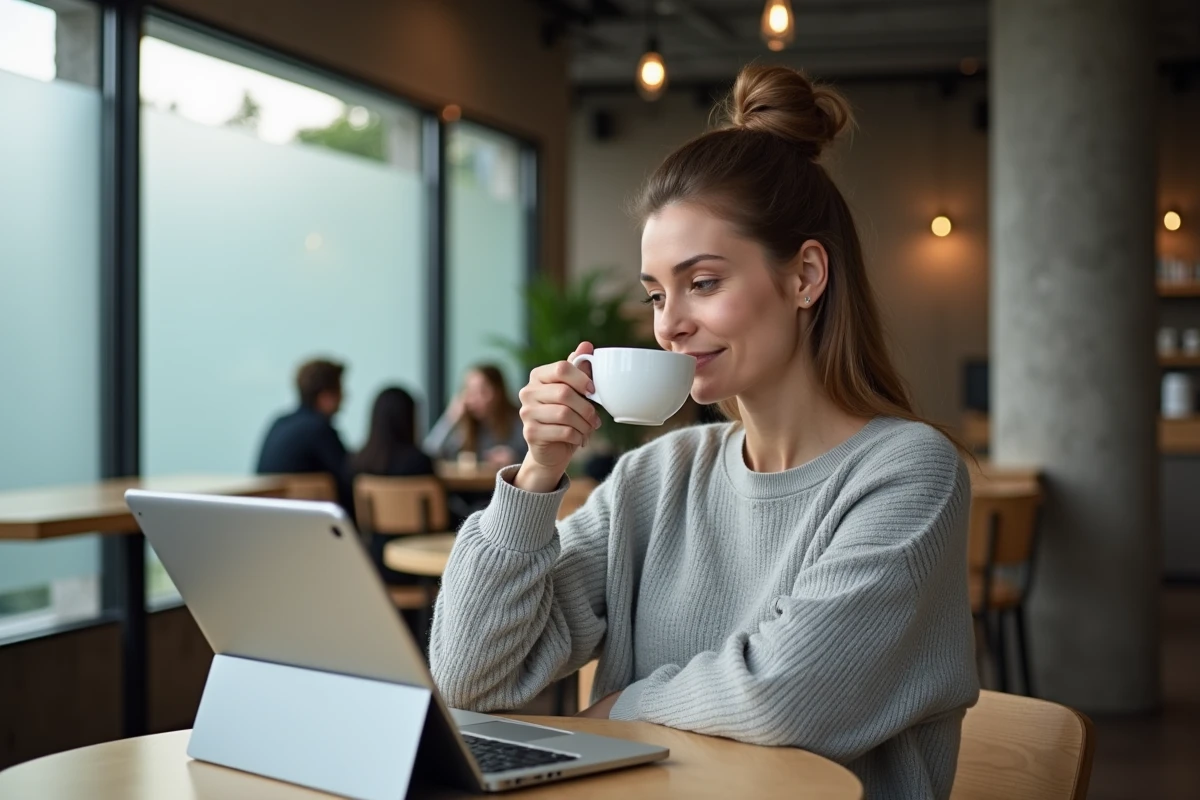 Femme parcourant la page sitemap d'un blog auto sur une tablette dans un café moderne