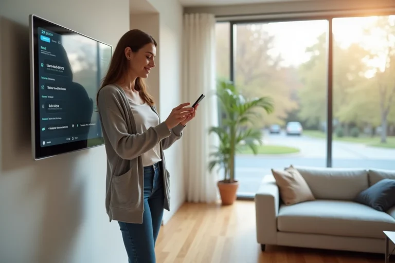 Femme utilisant un panneau tactile pour régler la maison connectée