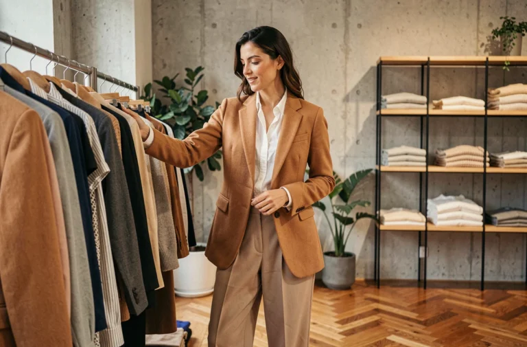Femme tendance en blazer camel parcourant les collections d'une boutique de mode minimaliste à Paris
