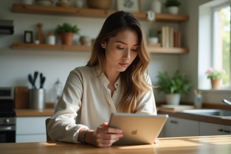 Jeune femme utilisant une tablette dans une cuisine lumineuse