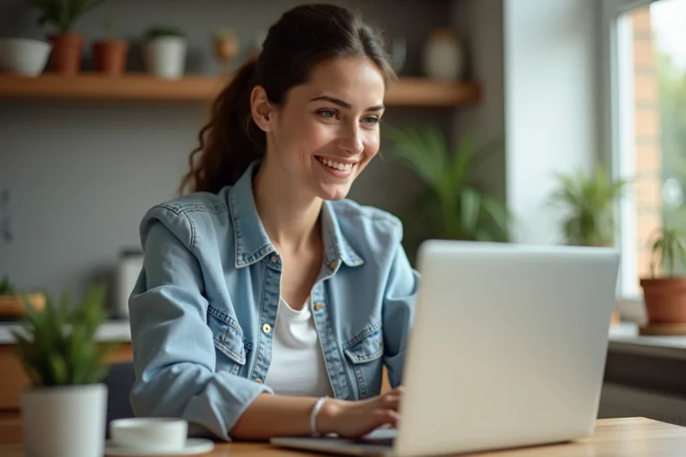 Femme concentrée travaillant sur son ordinateur à la maison
