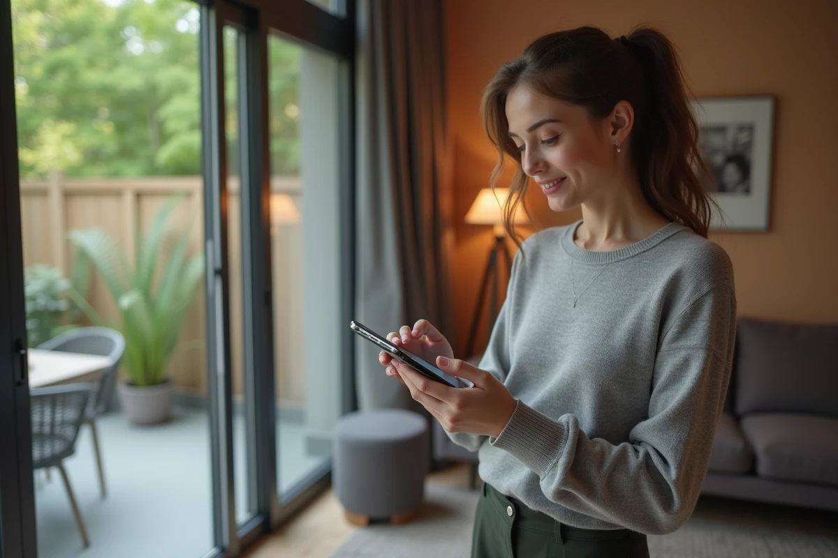 Jeune femme montre une application de sécurité sur son smartphone
