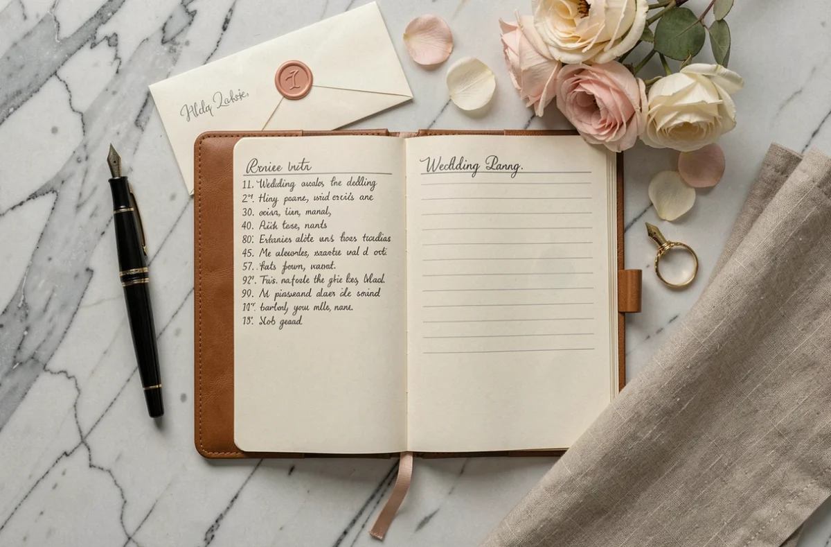 Flat lay d'accessoires de planification de mariage sur marbre avec agenda en cuir, fleurs séchées et stylo plume