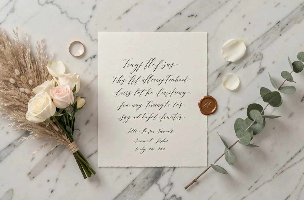 Flat lay élégant de papeterie de mariage calligraphiée, alliance dorée et bouquet de roses sur marbre pour un mariage de rêve