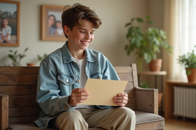 Adolescent souriant tenant une carte faite main dans un salon chaleureux