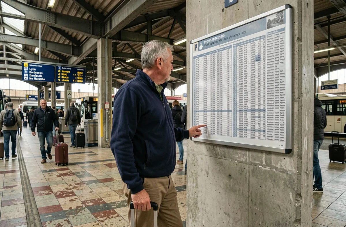 Homme consultant un tableau horaire dans une gare routière française avec valise à roulettes, ambiance documentaire réaliste