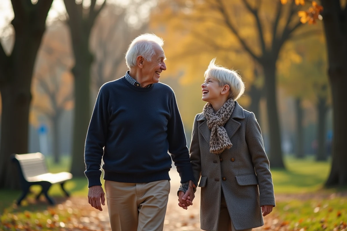 Grand-mère et petit garçon marchant main dans la main dans un parc