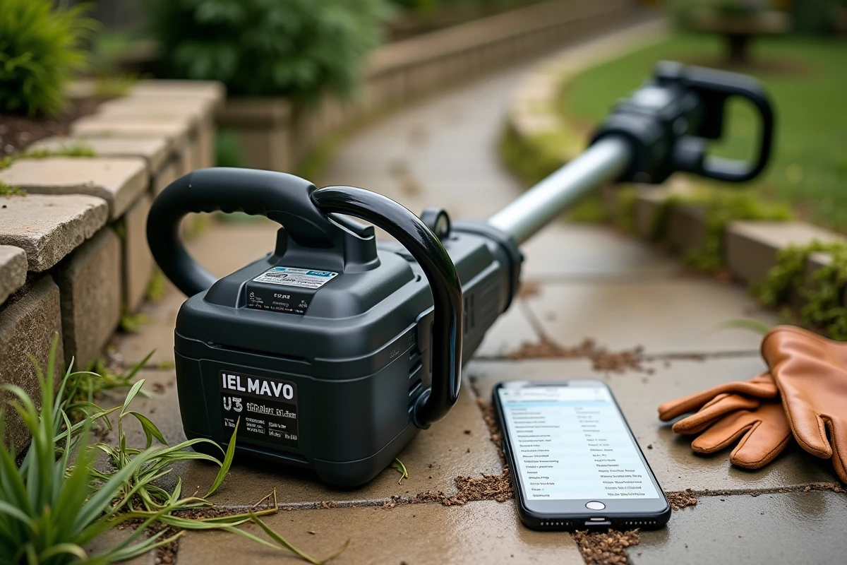 Gros plan d'une débroussailleuse sans fil posée sur une terrasse en pierre avec des gants de jardinage et une fiche technique