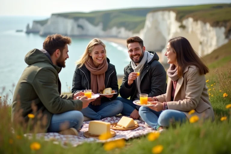 Groupe d'amis profitant d'un pique-nique face aux falaises d'Étretat